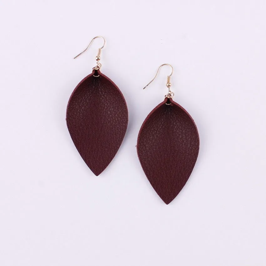 Fall Folded Pinched Leaf Leather Drop Earrings